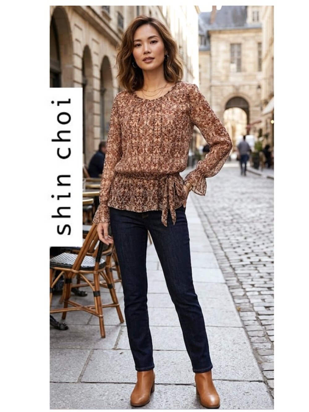 SHIN CHOI- Boho long sleeve 100% silk sheer floral print blouse with side tie